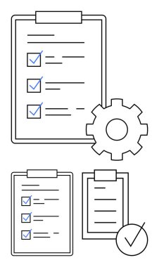 İşaretli listeler, çark ve kene işaretli panolar iş akışını, optimizasyonu ve verimliliği temsil ediyor. Proje yönetimi, planlama, iş analizleri, üretkenlik takım çalışması hedefi için ideal