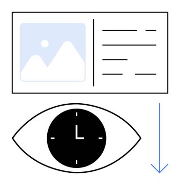 Eye with clock symbolizes time-focused attention below a layout of an image and text, accompanied by a downward blue arrow. Ideal for productivity, UX, design, visual hierarchy, focus, marketing clipart