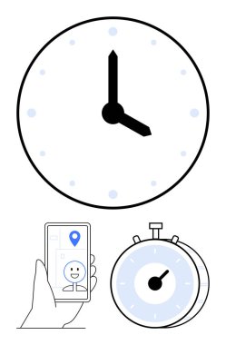 Cesur elli bir saat, akıllı telefon lobut ve yüz taraması, kronometre ve basit bir tasarım. Zaman izleme, verimlilik, teslim tarihleri, verimlilik, rutinler, soyut dijital araçlar için ideal