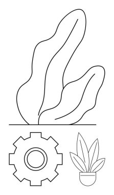 Organik akış şekilleri, vites elementleri ve temiz çizgi sanatı tarzında saksı bitkisi. Doğa, yaratıcılık, teknoloji, mekanik, büyüme, denge ve soyut düz çizgi metaforu için ideal
