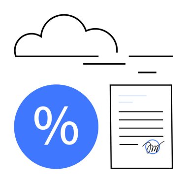 Dijital imzalı ve mavi yüzdelik işareti olan bir belgenin üzerinde bulut simgesi. Dijital sözleşmeler için ideal, bulut depolama, yüzde analizi, belge yönetimi, mali anlaşmalar, çevrimiçi