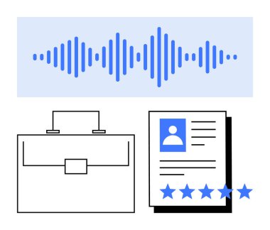 Soundwave grafikleri, evrak çantası ikonu ve yıldız reytingleri ile devam etmek ses analizi, iş arama ve profesyonel değerlendirme anlamına gelir. Kariyer için ideal, iş başvuruları, işe alım, işe alım analizleri