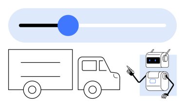 Kaypak kamyon, işaret eden dost canlısı robot. Lojistik, otomasyon, teknoloji, yapay zeka, dağıtım hizmetleri, yenilik ve verimlilik için ideal. Satır metaforu
