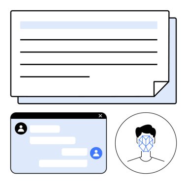 Belge düzeni, kullanıcı simgeleriyle sohbet penceresi ve yüz tanıma simgesi. İş, güvenlik, teknoloji, kimlik doğrulama, iletişim, veri paylaşımı için ideal soyut çizgi düz metafor