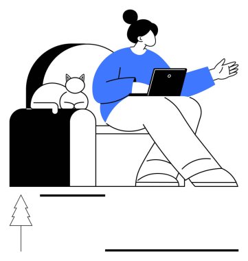 Dizüstü bilgisayarlı bir kadın kanepeye oturmuş hareketler yapıyor, kedi yakınlarda dinleniyor, soyut unsurlar odak noktasını artırıyor. Uzaktan çalışma, iletişim, çoklu görev, rahatlama, hayvan bakımı, serbest çalışma için ideal