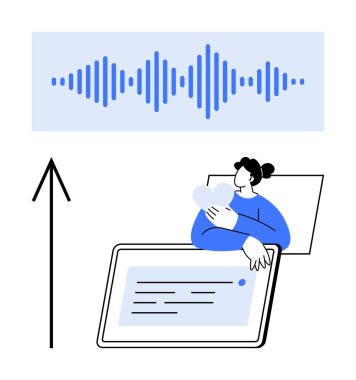 Elinde bir akıllı telefon tutan bir kadın, yukarıda mavi ses dalgası, ilerlemek için yukarı doğru giden siyah ok sembolü. İletişim, teknoloji, dijital medya, sesli mesaj, sosyal medya için ideal