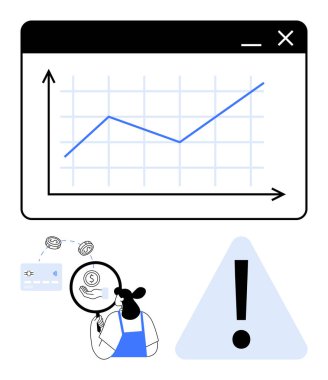 Büyüteci olan kadın ekrandaki mali grafiği inceliyor. Kredi kartı ve sikkeler para akışını gösterir, ünlem işaretli üçgen uyarıyı gösterir. Finans, denetim, analiz için ideal