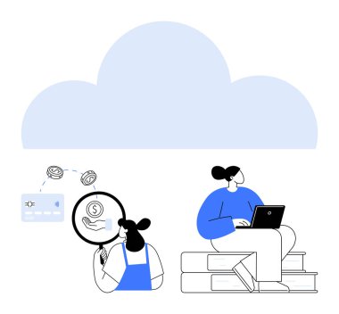 Person using laptop on stacked books, another examining financial icons with magnifying glass under large cloud. Ideal for tech, remote work, online learning, finance, cloud computing, digital clipart