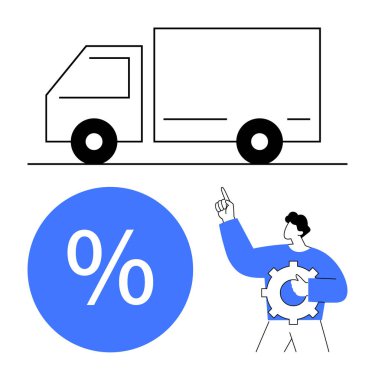 Kamyon illüstrasyonu, yüzde işareti ve teçhizat tutan bir kişinin yanı sıra yukarıya bakan bir görüntü. İkmal zinciri, lojistik yönetimi, maliyet verimliliği, optimizasyon, dağıtım hizmetleri için ideal