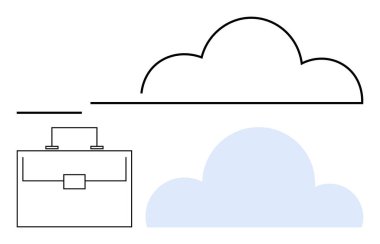 Minimalist tasarım bir çanta ve çift bulutlu güvenli veri depolama ve profesyonel iş akışını sembolize ediyor. Teknoloji, iş dünyası, bulut hesaplama, güvenlik, veri yönetimi ve minimalizm için ideal