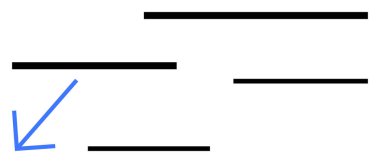 Mavi kavisli ok, soyut kompozisyonda yatay siyah çizgilerle kesişiyor. Navigasyon, rehberlik, minimalizm, basitlik, yön, hiyerarşi, soyut çizgi düz metaforu için ideal
