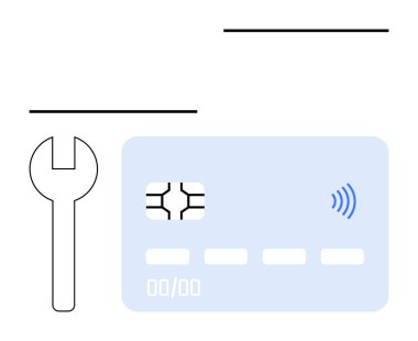 Kredi kartı çipi, temassız simge ve ödeme sistemlerini, tamiratları, geliştirmeleri ve dijital aletleri sembolize eden anahtar. Finans, teknoloji, e-ticaret bankacılığı güvenlik sorunları Fintech için ideal