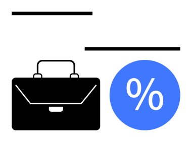 Mavi yüzde işaretinin yanındaki siyah evrak çantası. Finans, iş, yatırım, istatistik, tasarruf, şirket, girişimcilik konuları için idealdir. Basit soyut çizgi düz metaforu