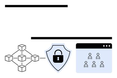 Ağ blokları kilit ve kullanıcı arayüzü simgelerine sahip güvenli bir kalkana bağlandı. Siber güvenlik, engelleme zinciri, şifreleme, veri gizliliği, ağ güvenliği, erişim kontrolü, soyut çizgi düz