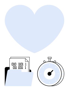 İkili kod dosyaları olan dizin, zaman takibi için kronometre ve büyük kalp. Teknoloji, organizasyon, zaman verimliliği, veri koruması, teknoloji aşkı, iş akışı dengesi soyut çizgi için ideal