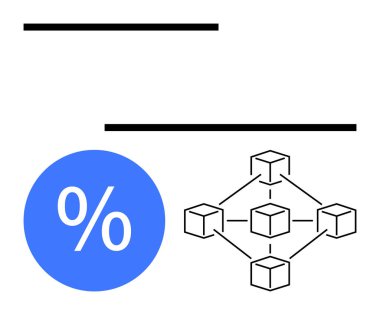 Birbirine bağlı küp ağına sahip büyük mavi yüzde işareti, fintech, yatırım, engelleme zinciri, analitik, ağ oluşturma, finans, merkezi olmayan sistemler için idealin üstünde ve altında yatay siyah çizgiler