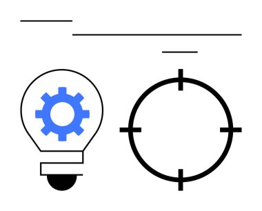 Mavi dişli ikonlu ve siyah hedefli ampul yenilik ve hassasiyeti simgeliyor. İş stratejisi için ideal, yenilikçi çözümler, hedef odaklı yaklaşımlar, hedef belirleme, proje yönetimi
