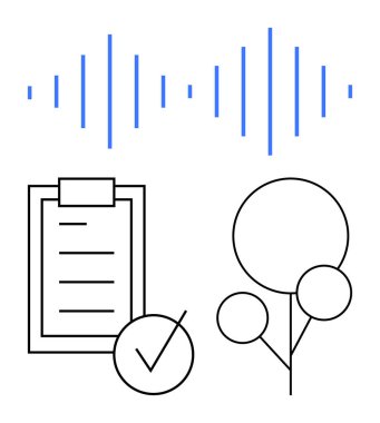 Ses dalgası şablonu, işaretli pano ve minimalist ağaç grafiği. Üretkenlik, veri analizi, sürdürülebilirlik, minimalizm, çevre dostu temalar, iş akışı yönetimi soyut çizgisi