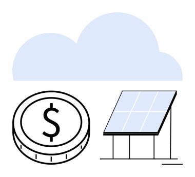 Güneş paneli bulutun altında dolar bozukluğunun yanında. Sürdürülebilir enerji, temiz enerji, finansal büyüme, çevre dostu yatırımlar, yeşil ekonomi, yenilenebilir çözümler, soyut düz metafor için ideal