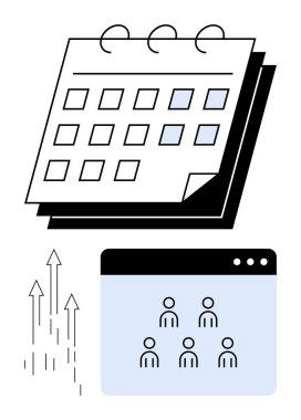 Vurgulanmış tarihler, grup işbirliği arayüzü ve zaman yönetimi, takım çalışması ve ilerlemeyi sembolize eden büyüme okları içeren bir takvim. Planlama, iş, büyüme stratejileri ve verimlilik için ideal