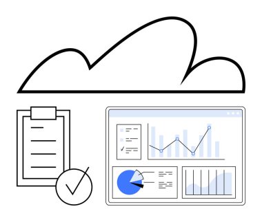 Bulut ana hatları, grafikli veri paneli ve keneli kontrol listesi. Veri analizi, bulut hesaplama, üretkenlik, iş planlaması, dijital araçlar, iş akışı optimizasyonu için ideal