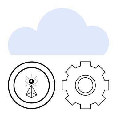 Teçhizat ve göz piramidi sembolleri üzerindeki bulut şekli bulut hesaplama, yapay zeka, otomasyon, analitik, yenilik, bağlantı ve soyut düz metaforu resmediyor.