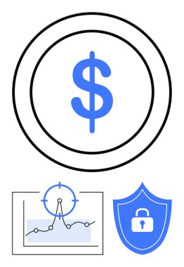Finansmanı sembolize eden dolar sikkesi, analitiği gösteren grafik hedefi, güvenlik için kalkan ikonu. Bankacılık, sigorta, yatırım, analitik, siber güvenlik, fintech soyut çizgi düz metafor için ideal