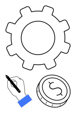 El ele tutuşan kalem, büyük teçhizat ve dolar sembollü para. İşletme yönetimi, işletmeler, finans, planlama, mühendislik ekonomi bütçesi için idealdir. Satır metaforu
