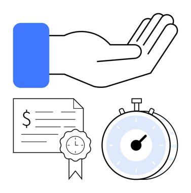 El kamerası açık, sertifikalı para belgesi ve kronometre. İş, finans, alım-satım, teslim tarihi, sözleşme sertifikası için idealdir. Soyut çizgi düz metafor