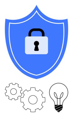 Asma kilitli mavi kalkan, iki siyah beyaz vites ve korunmayı, teknolojiyi ve yeniliği sembolize eden ampul. Siber güvenlik, bilişim, güvenlik ve mühendislik teknolojisi için ideal
