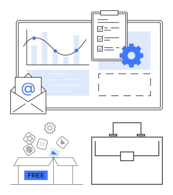 Eğilimli grafikler, otomasyon teçhizatı, görev yönetimi için kontrol listesi, e-posta simgesi ve bir kutudan çıkan serbest kaynaklar. Üretkenlik, verimlilik, planlama, veri analizi için ideal