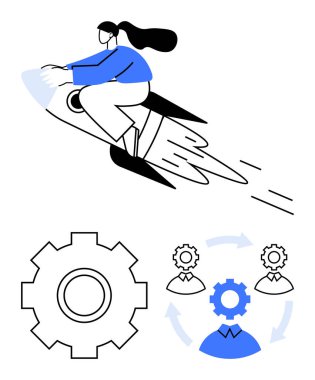 Rokete binen kadın hırsı ve büyümeyi simgeler. Eşlik eden ekipman ve takım çalışması simgeleri süreci, işbirliği ve stratejiyi gösteriyor. Yenilik, takım çalışması, liderlik ve ilerleme için ideal