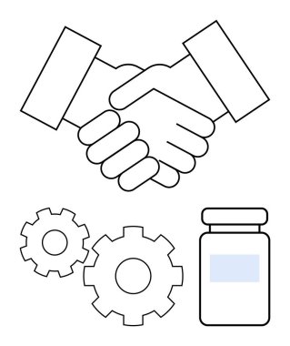 İki dişlinin üzerinde el sıkışma ve bir ilaç şişesi ortaklığı ve işbirliğini temsil eder. İş, takım çalışması, sağlık, teknoloji, ortaklık, yenilik ve ilaç temaları için ideal. Çizgi