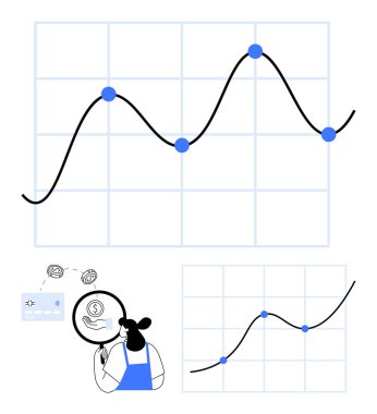 İş analisti, mali büyüme grafiğini büyüteçle, para birimi sembollerini büyüterek inceliyor. Mali analiz, piyasa eğilimleri, iş büyümesi, ekonomik tahminler, veriler için ideal