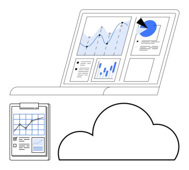 Çeşitli analitik çizelgeleri olan dizüstü bilgisayar ekranı, grafikli pano ve bulut depolama ikonu. Veri analizi, iş stratejisi, bulut hesaplama, performans izleme, rapor oluşturma için ideal