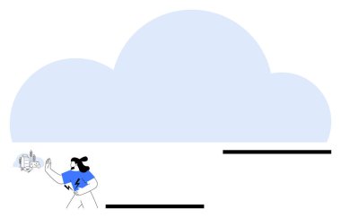 Minimalist kişi bulut altyapısı ve ayarlarıyla meşgul. Bulut hesaplama, ağ oluşturma, veri depolama, otomasyon, yenilik, dijital hizmetler, soyut çizgi düz metaforu için ideal