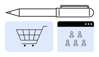 Alışveriş arabasının üstündeki kalem ve kullanıcı arayüzü pencere simgeleri, yazma, e-ticaret ve takım çalışmasını temsil ediyor. İş, ticaret, işbirliği, yaratıcılık, UI tasarım dijital pazarlama için ideal