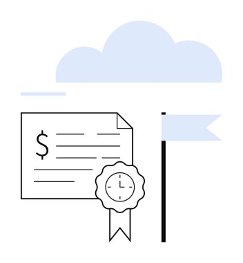 Dolar işareti ve mesajlı sertifika, zaman damgalı kurdele, direkte bayrak ve bulut. Başarı, başarı, hedefler, finansal ödülün tanınması kilometre taşları için idealdir. Soyut satır düzlüğü