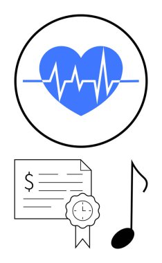 Kalp atışları kalp atışları kalp atışları, kurdeleli finansal belgeler ve müzik notaları sağlık, para, başarı ve müziği ön plana çıkarıyor. Sağlık, finans, başarı müziği için ideal