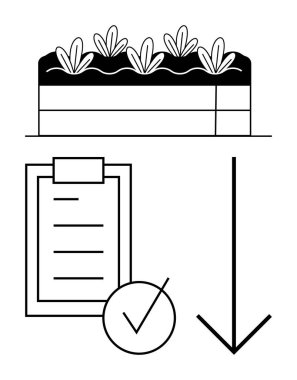 Bitkilerle tarım yatağı, işaretli kontrol listesi ve işlem akışını veya öncelikleri gösteren aşağı doğru ok. Çiftçilik, büyüme, organizasyon, planlama, sürdürülebilirlik ve tarım için ideal