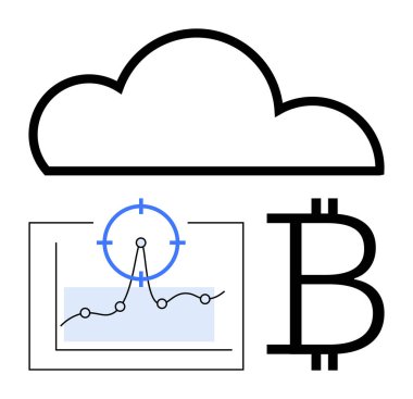 Bitcoin sembollü bulut ve hedef işaretleyici ve büyüme eğilimini içeren veri grafiği. Teknoloji, kripto para birimi, analitik, blok zinciri, bulut depolama, yatırım, finans için ideal. Soyut satır düzlüğü
