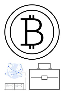 Bitcoin sembolü bağlı küresel düğümler, sunucu rafları ve asgari evrak çantası simgesi ile ortada. Kripto para birimi, engelleme zinciri, küresel ticaret, veri, e-ticaret, soyut finans hattı için ideal