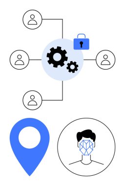 Dişli ve güvenli kilit bağlantısı kullanıcı profilleri, yüz tanıma ve konum belirleyici. Siber güvenlik, ağ oluşturma, teknoloji entegrasyonu, mahremiyet, veri yönetimi, kullanıcı analizleri için ideal soyut çizgi