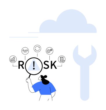 Kadın riski büyüteçle inceliyor. İlgili ikonlarla çevrili. İş için ideal, veri analizi, risk değerlendirmesi, strateji, takım planlaması, işlemler, soyut düz çizgi metaforu