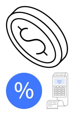 Dolar işaretli sikke, kablosuz POS terminal basım makbuzu ve mavi daireli yüzde işareti. Fintech, e-ticaret, satış promosyonları, indirimli teklifler, finansal işlemler, perakende satış için ideal