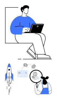 Laptop, roket fırlatma, dijital ödeme metodu, büyüteç, dolar işaretleri üzerinde çalışan kişi. Teknoloji, finans, yenilik, başlangıç, çevrimiçi ödemeler için ideal yatırım analizi