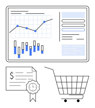 Ekranda grafik ve çizelge, alışveriş arabası, saat kartlı sertifikalı belge. İş analizi, e-ticaret, sertifika, veri eğilimleri, alışveriş, finansal raporlama dijital panelleri için ideal