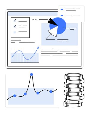Grafik grafikli bilgisayar ekranı bozuk paralar istiflenmiş. Yatırım, finans, analiz, büyüme, strateji, yenilik ve teknoloji için ideal. Satır metaforu