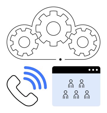 Birbirine bağlı vitesli bulut, çağrı dalgalarıyla telefon, katılımcılarla video konferans penceresi. Takım çalışması, iletişim, teknoloji, ağ oluşturma, uzak çalışma, bulut servisleri soyut