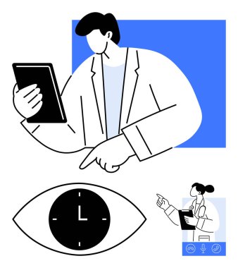 Doktor elinde tablet, bir göz ikonu içindeki zamanı ve sanal danışma unsurlarını gösteriyor. Sağlık, teletıp, üretkenlik, zaman odaklanma, dijital araçlar, araştırma için ideal